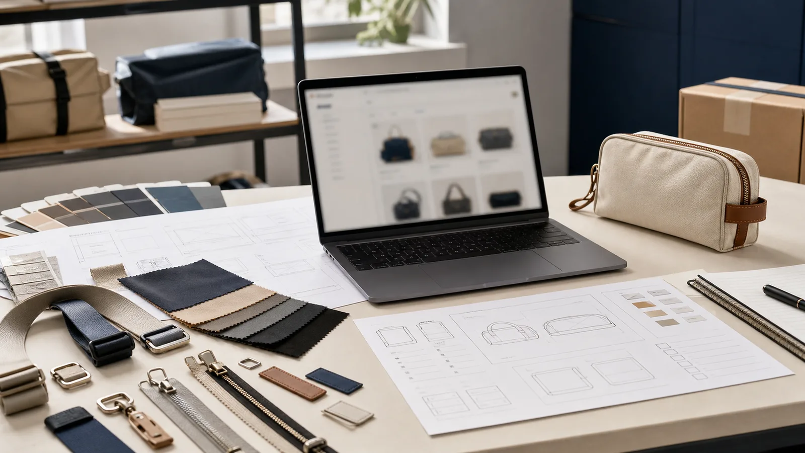 Hebrew RFQ workbench with bag samples, swatches, measurements, packaging notes, and sourcing checklist