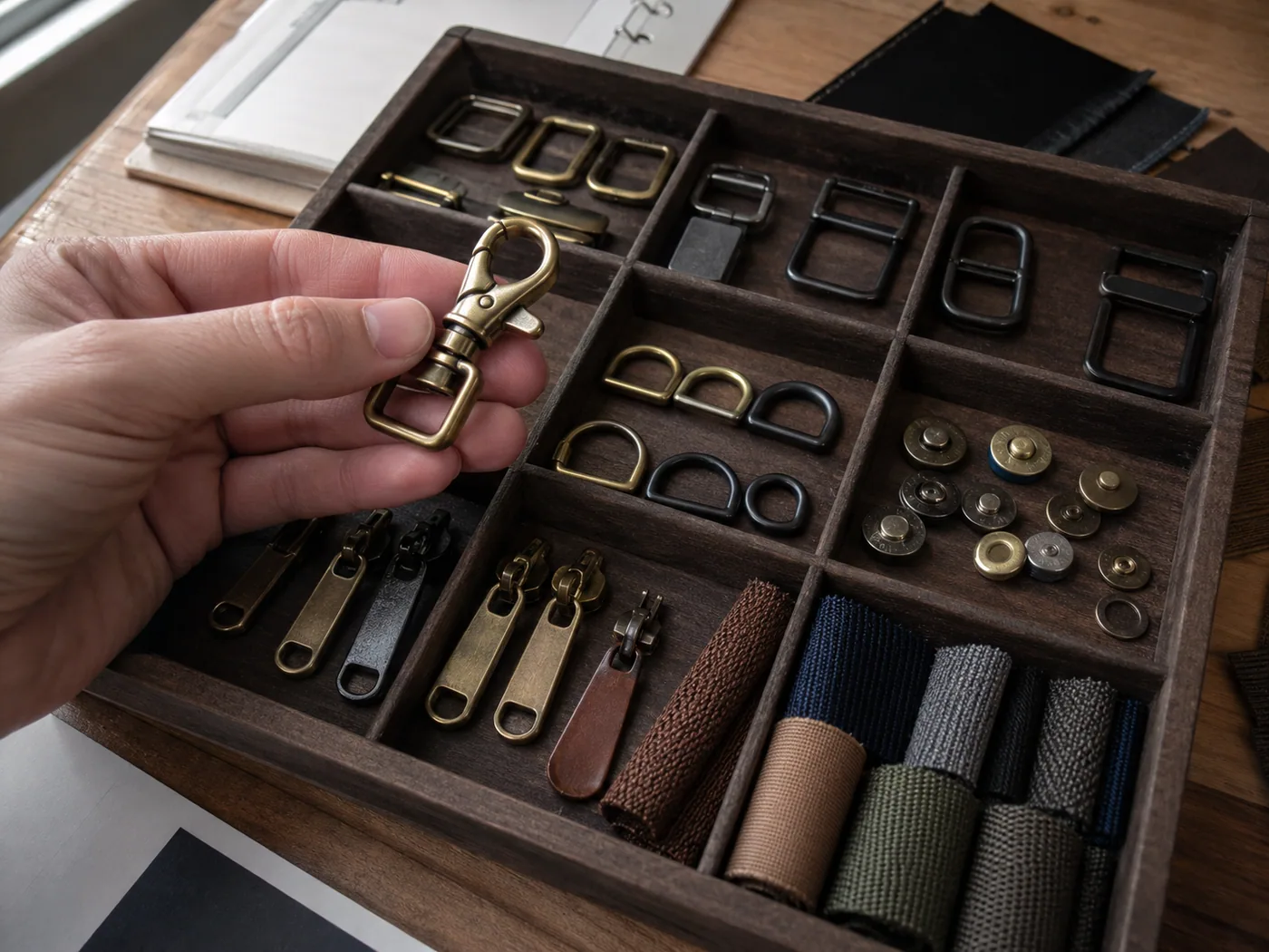 Smartphone-style factory trim tray with buckles, D-rings, zipper pulls, magnetic snaps, sliders, swatches, and a crossbody sample