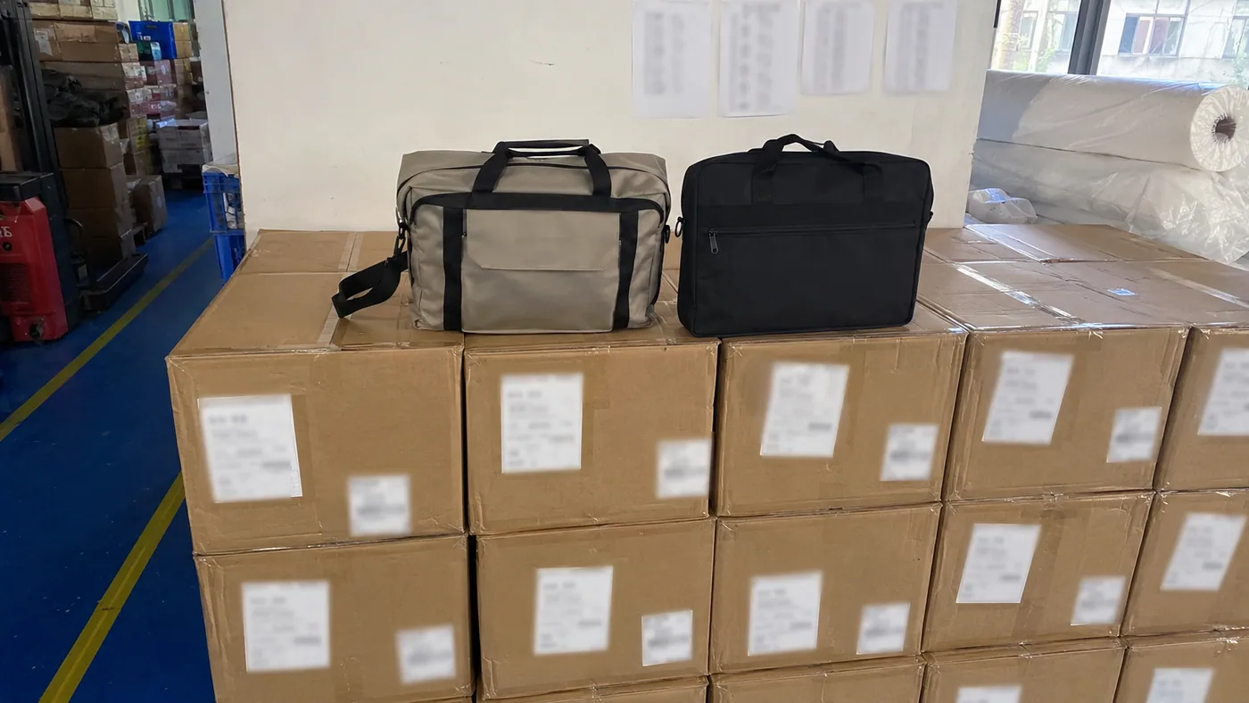 Smartphone-style factory shipping corner with approved bag samples on export cartons and blurred carton labels