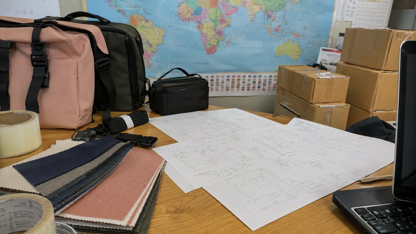 Smartphone-style bag export planning desk with samples, blurred world map, carton notes, shipping tape, swatches, and laptop