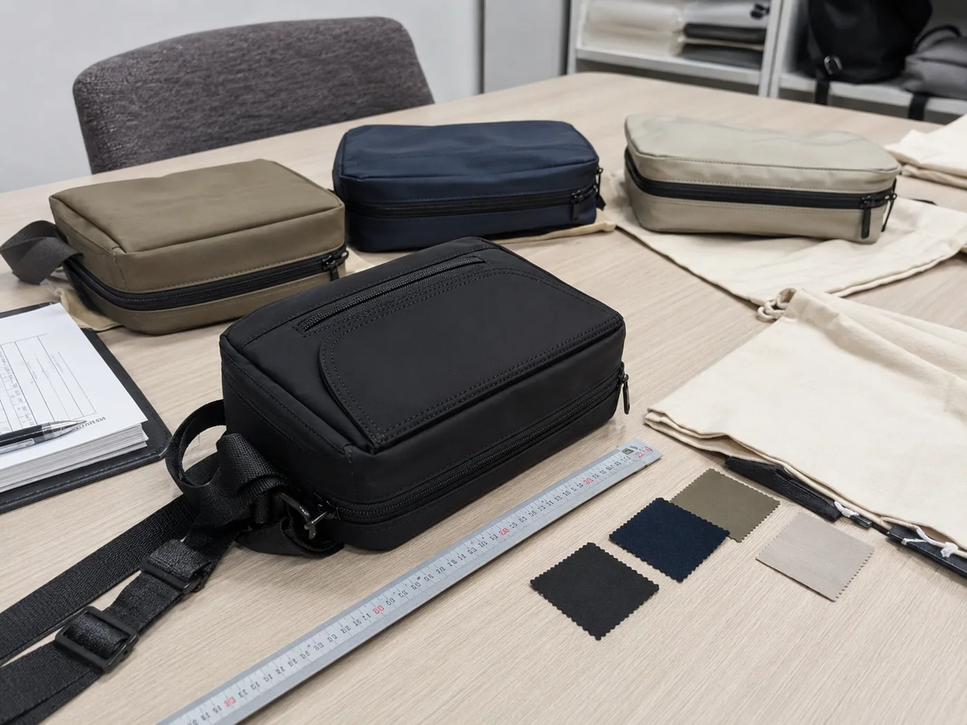 Smartphone-style tidy sample-room table with compact bag samples, measuring ruler, swatches, and dust bags for Japan OEM review