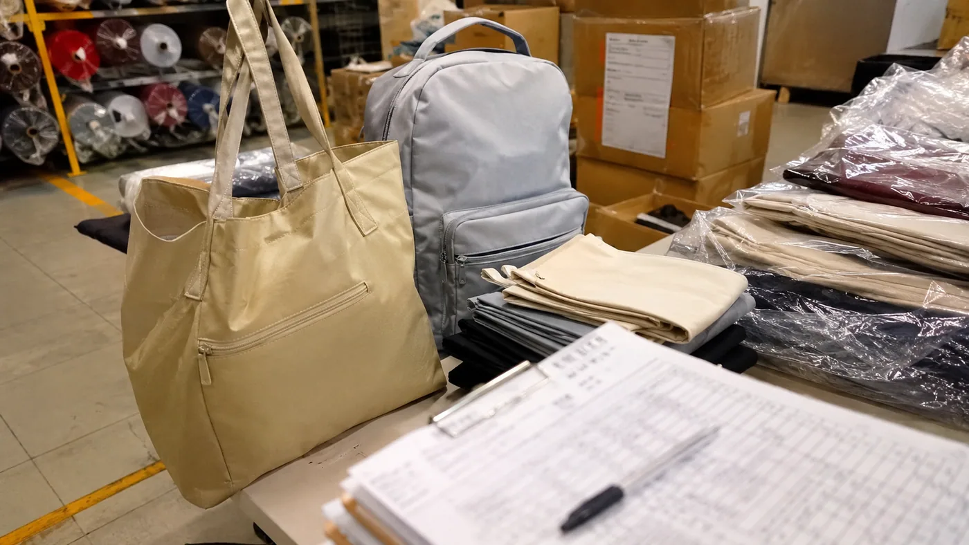Smartphone-style packing table with lightweight tote and backpack samples, cartons, polybags, and fabric rolls