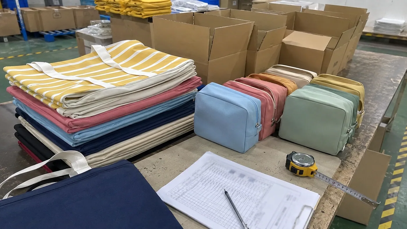 Smartphone-style bulk custom bag order checkpoint with colorful tote bags, cosmetic pouches, cartons, measuring tape, and checklist