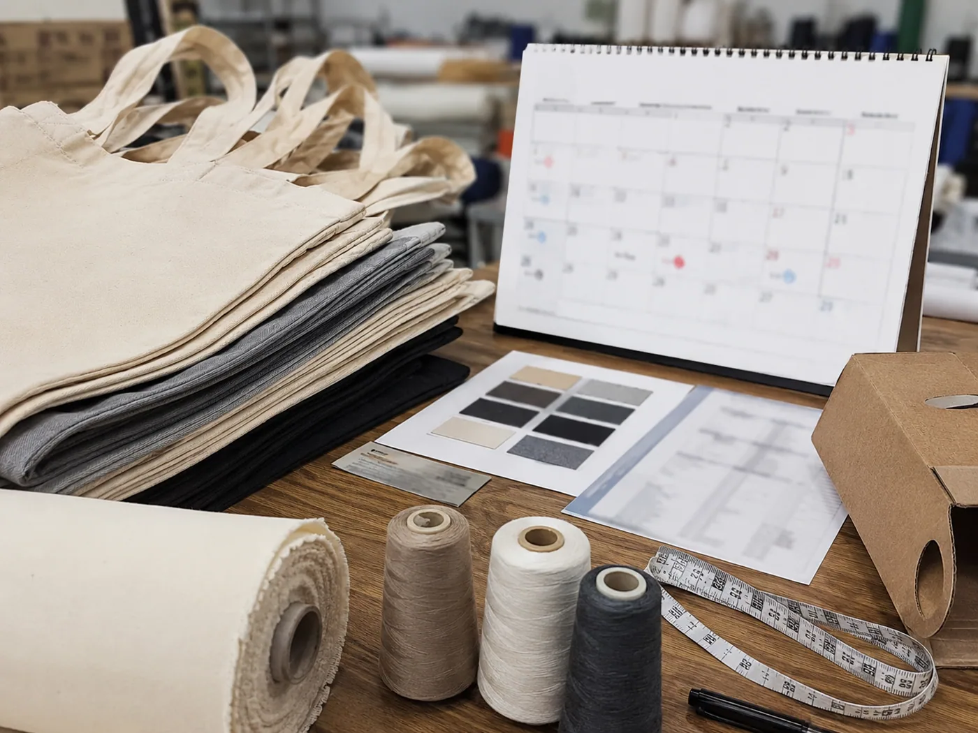 Smartphone-style custom tote bag quote planning table with tote samples, fabric roll, calendar, carton sample, and measuring tape